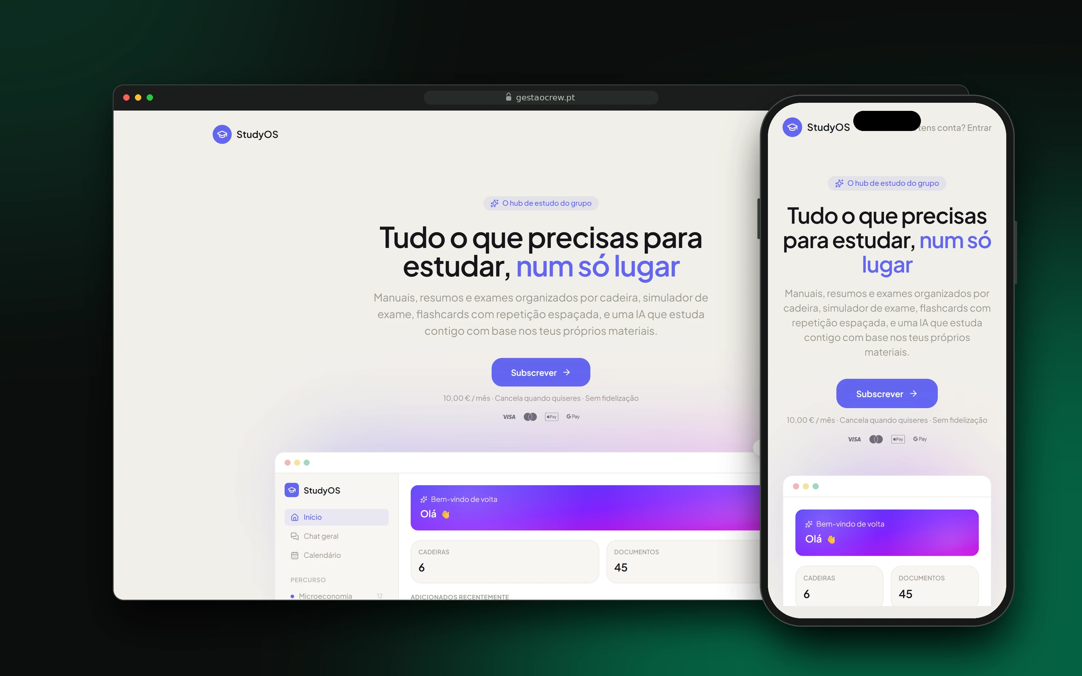 StudyOS em computador e telemóvel