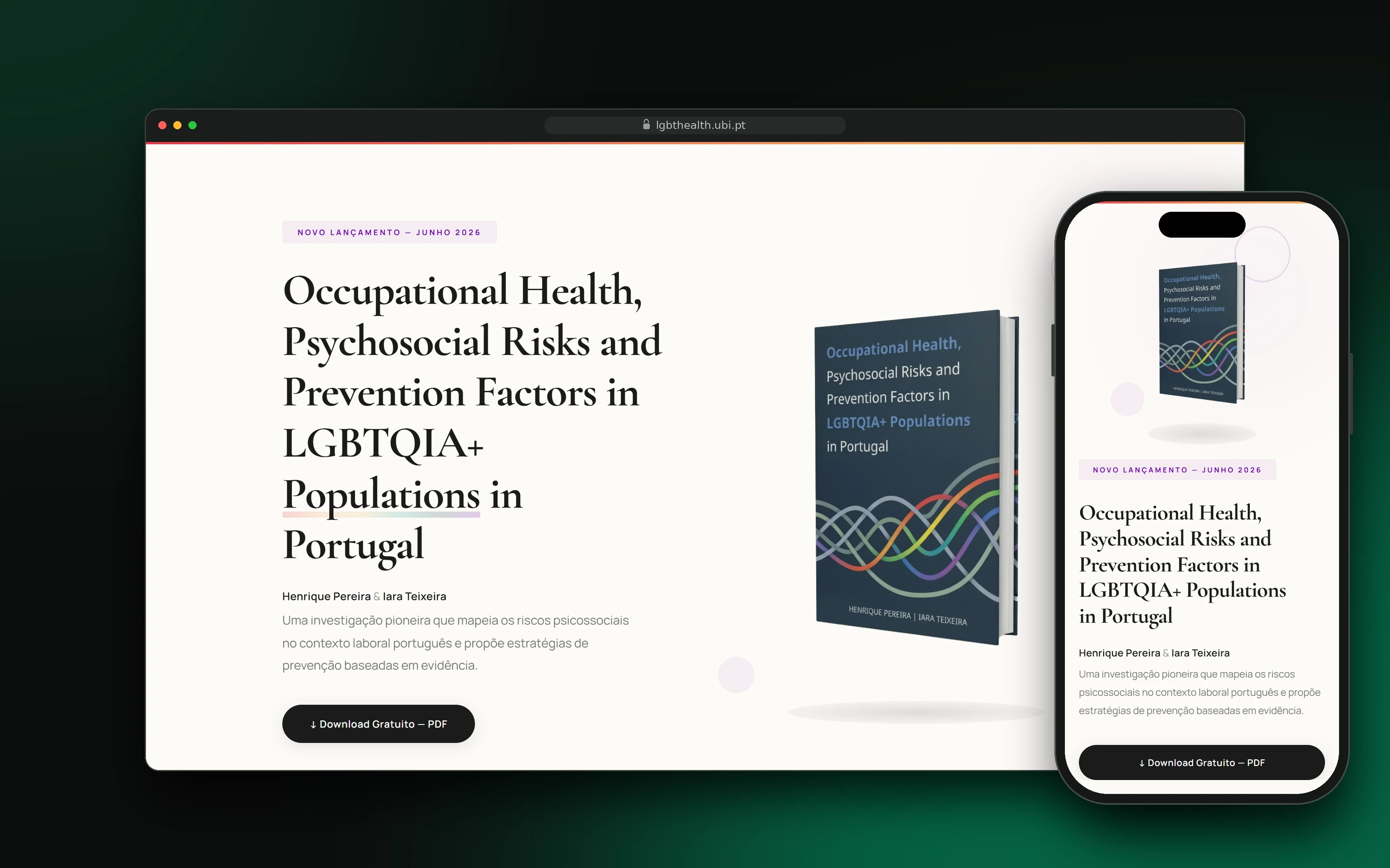 Livro LGBTQIA+ Health em computador e telemóvel